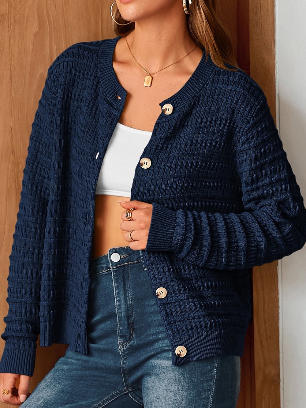 Women's Navy Button-Front Knit Cardigan